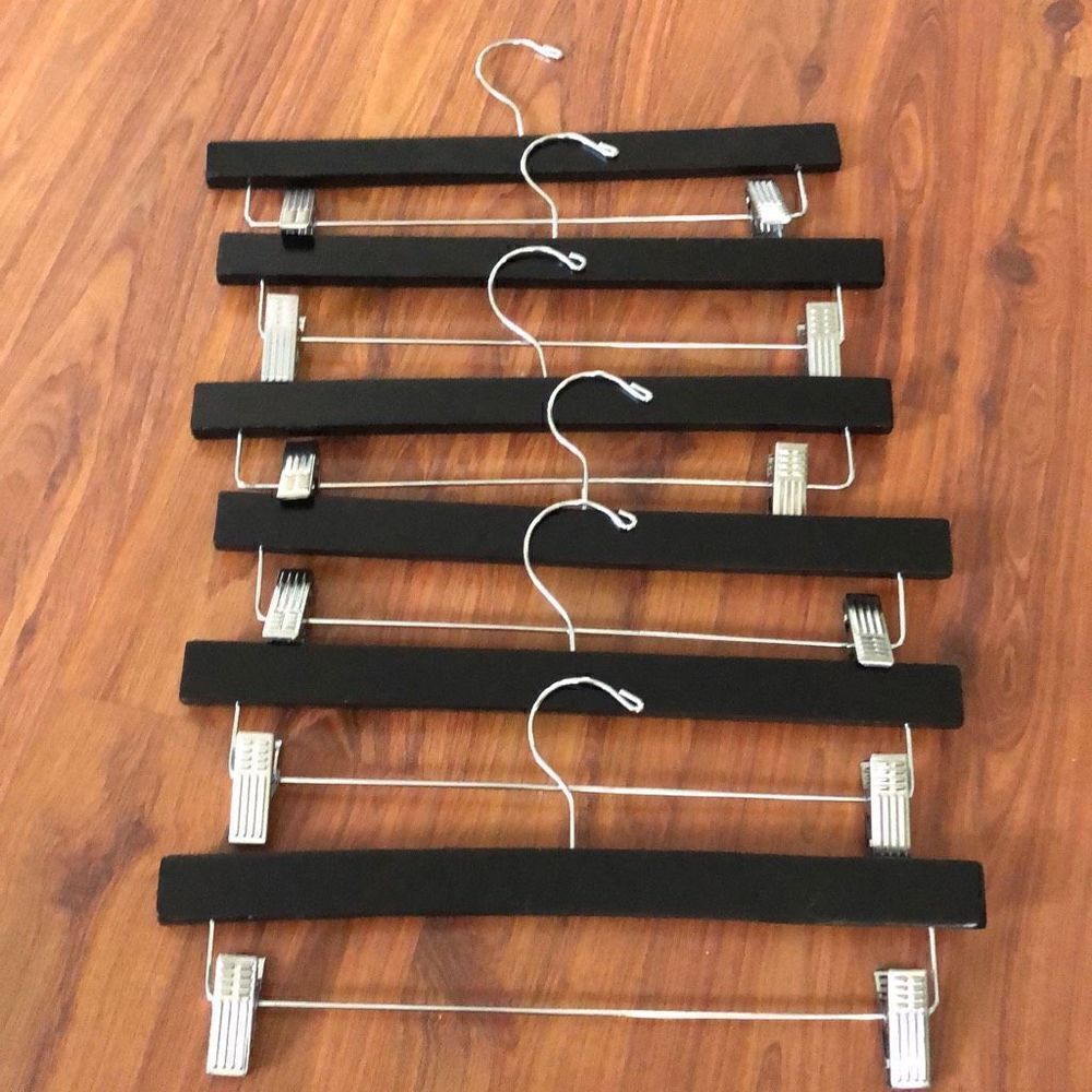 6 pc Black wood Pant hangers, silver chrome 